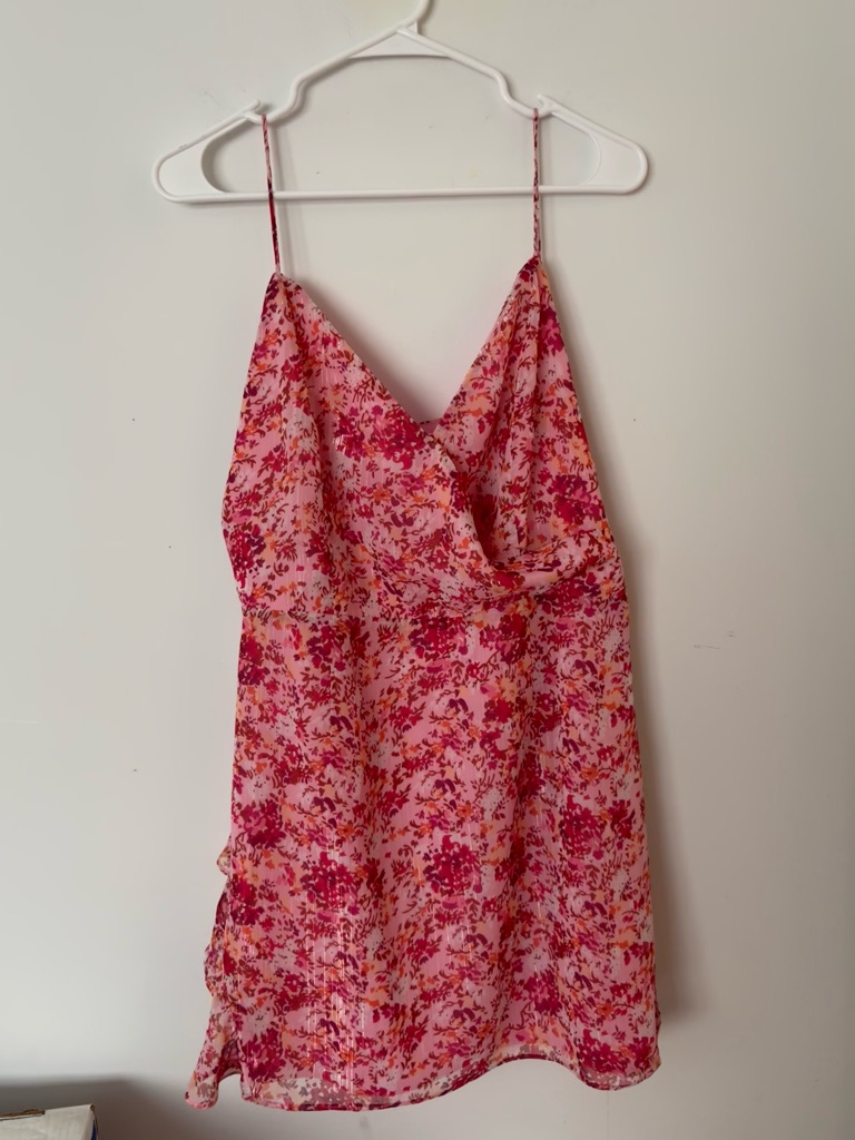 Superdown Pink & Orange Floral V Neck Ruffle Layered Kina Mini Dress